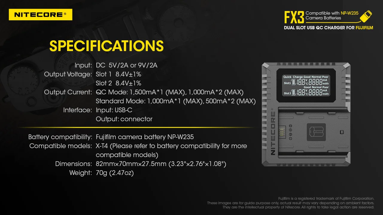 

Original Nitecore FX3 Camera Charger Dual Slot USB QC For Fujifilm X-T4 Compatiple with NP-W235 Camera batteries