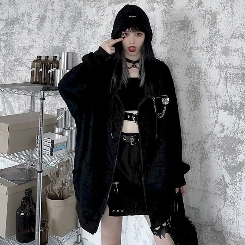 

2021 Autumn Winter Hooded Jacket Korean Harajuku Style Loose Dark Devil Female Coat Women Clothing Oversized Cardigan 3XL 4XL