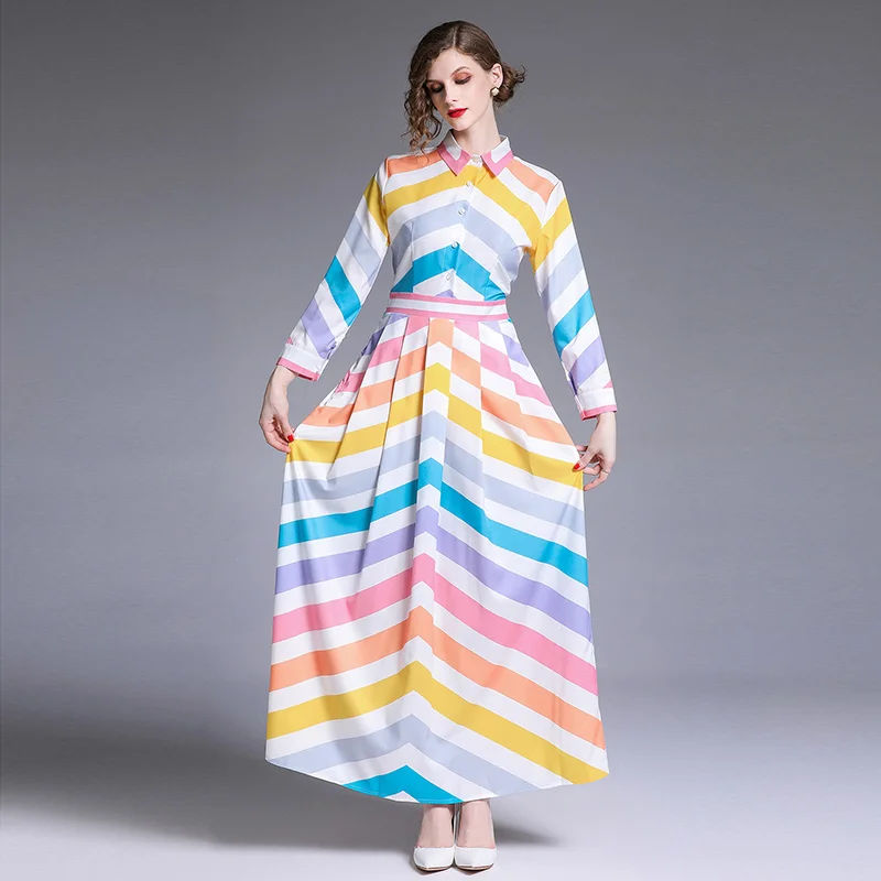 

Summer Print Stripe Dress Women 2021 Casual Button Up Long Sleeve Maxi Dresses Rushed Ankle-Length Vintage Long Dress