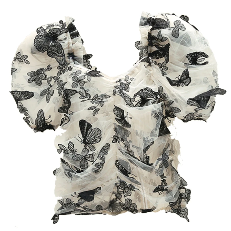 

Embroidered butterfly short-sleeved lace shirt women's design sense niche new style for outer wear in 2021