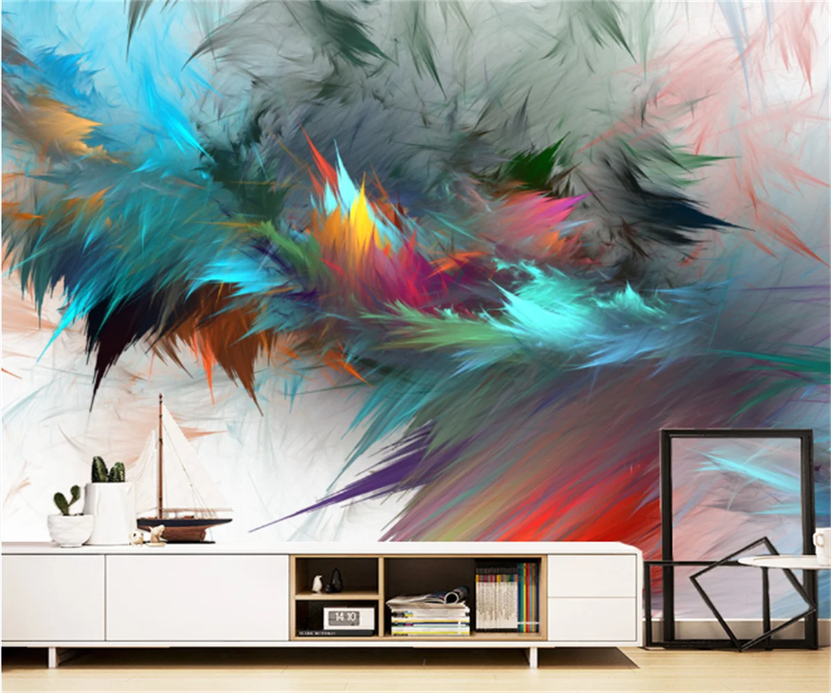 

Nordic abstract watercolor art colorful feather living room background wall stickers custom home decoration murals papier peint