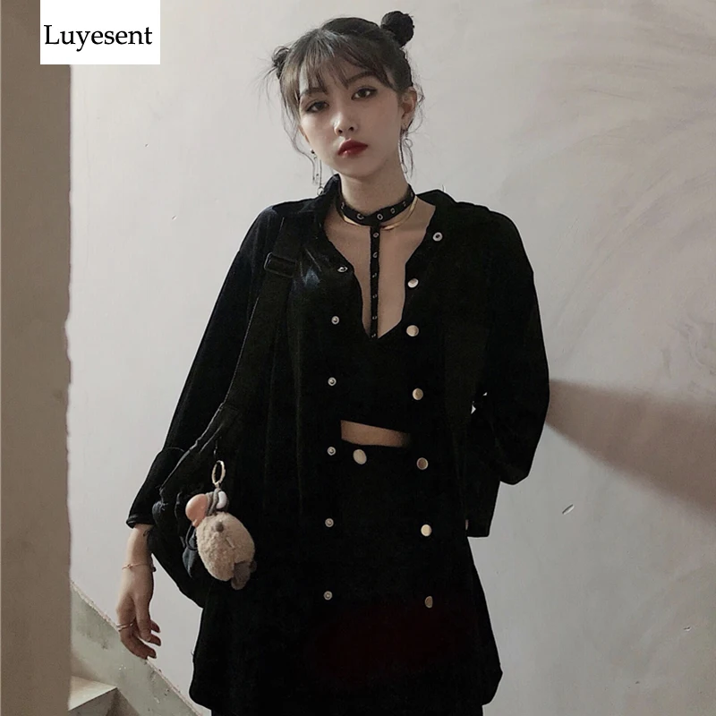 Однотонная черная бархатная женская блузка в стиле панк Женская свободная