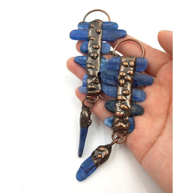 Natural Blue Kyanite Stone Pendant Vintage Antique Copper Soldered Fashion Charms For Making Necklaces Meditation DIY Jewelry