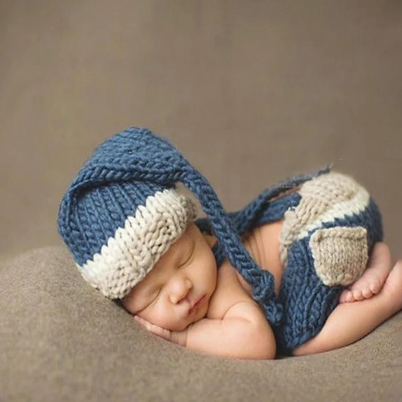 Traje para foto de beb&eacute;, ropa para reci&eacute;n nacido, ni&ntilde;a y ni&ntilde;o, utillaje de fotograf&iacute;a, pantalones de babero de punto de ganchillo + sombrero, conjuntos de 2 Uds., traje azul-0