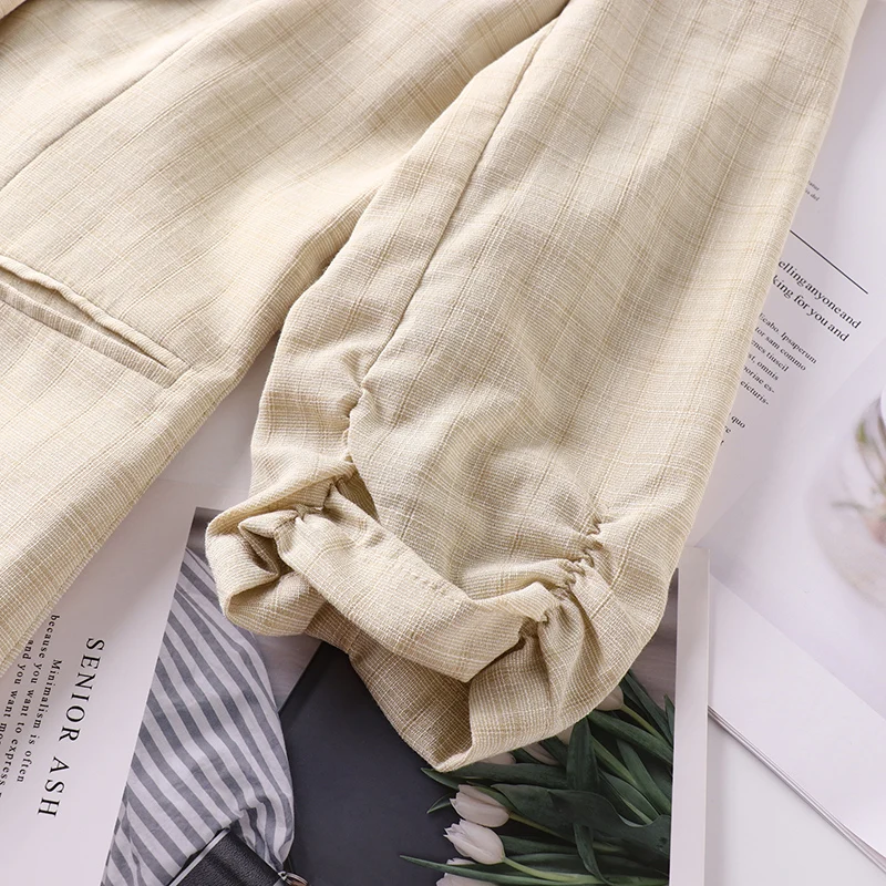 

Spring Autumn Office Lady Plaid Suit Coat Elegant Fashion Notched Collar Half Sleeve Single Button Silk Women Jackets Blazers