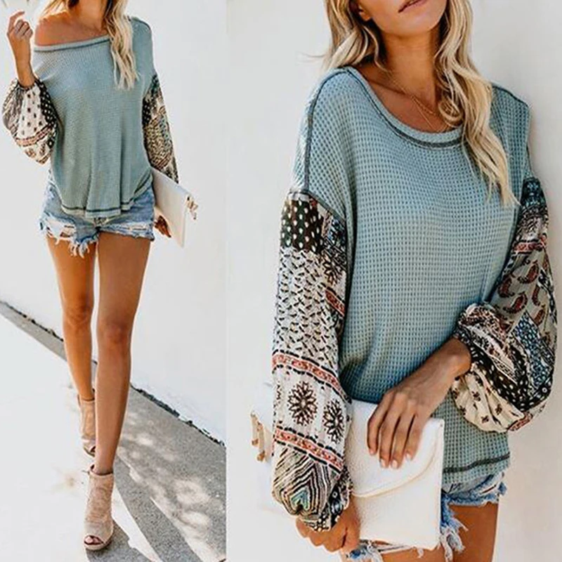 

Autumn Women Long Sleeve Bohemian Knit Patchwork Blouse Casual O Neck High Low Ladies Loose Tops