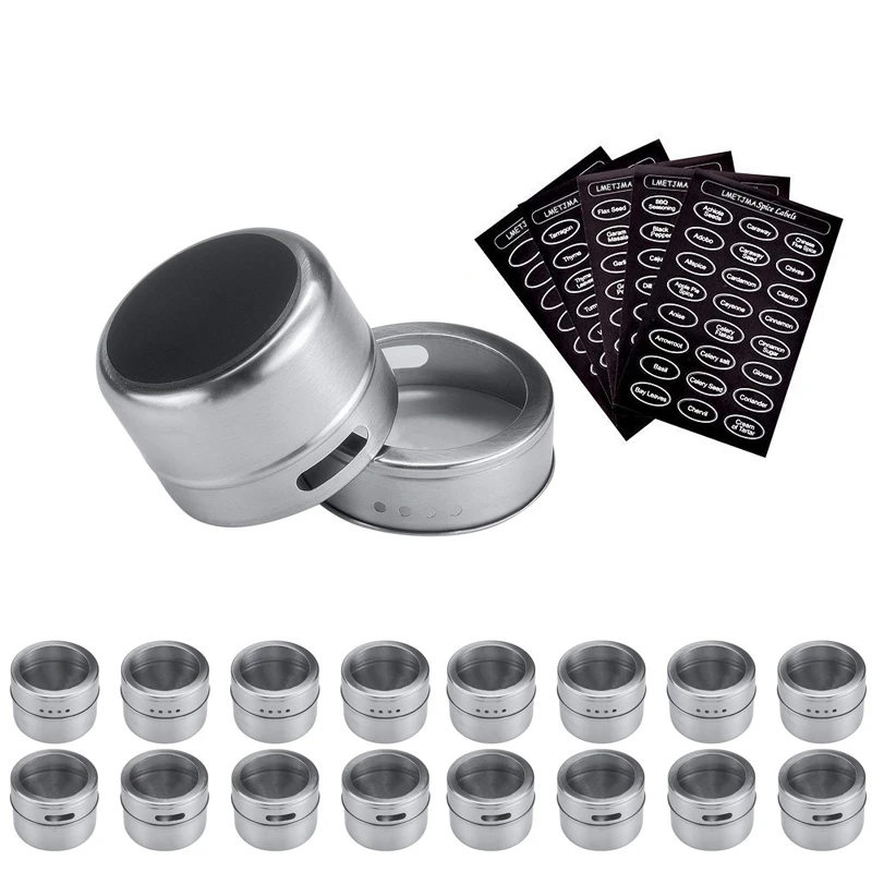

LMETJMA Magnetic Spice Jar Set With Stickers Stainless Steel Spice Tins Spice Storage Container Pepper Seasoning Sprays Tools