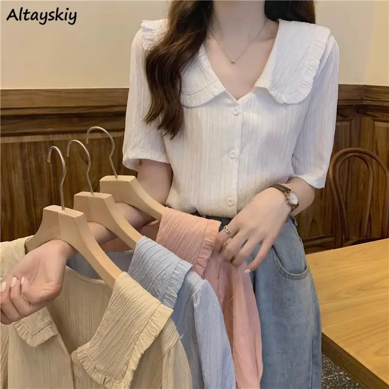 

Shirts Women Solid Causal Lovely Girls Trendy Soft Folds Peter Pan Collar Ulzzang Tender All-match Ladies Tops Stylish Button