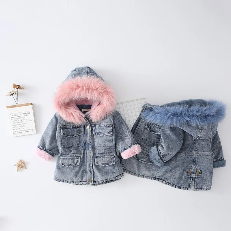 Girls Winter Plus Velvet Denim Jackets Children Fur Collar Hooded Casua Coats Kids Cotton Parkas Outwear |