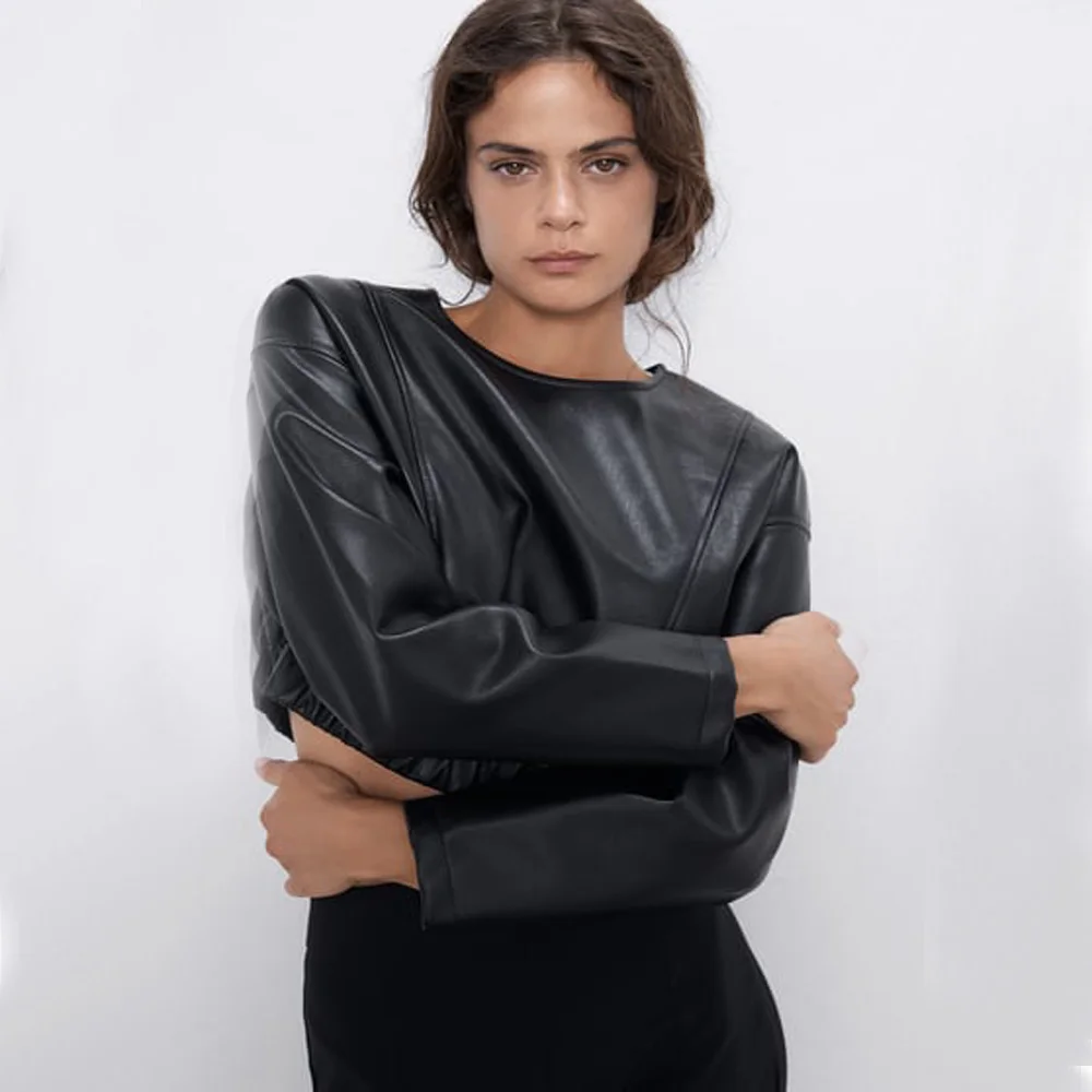 Женский кожаный короткий Свитшот ZA Черный Повседневный свитшот в стиле панк