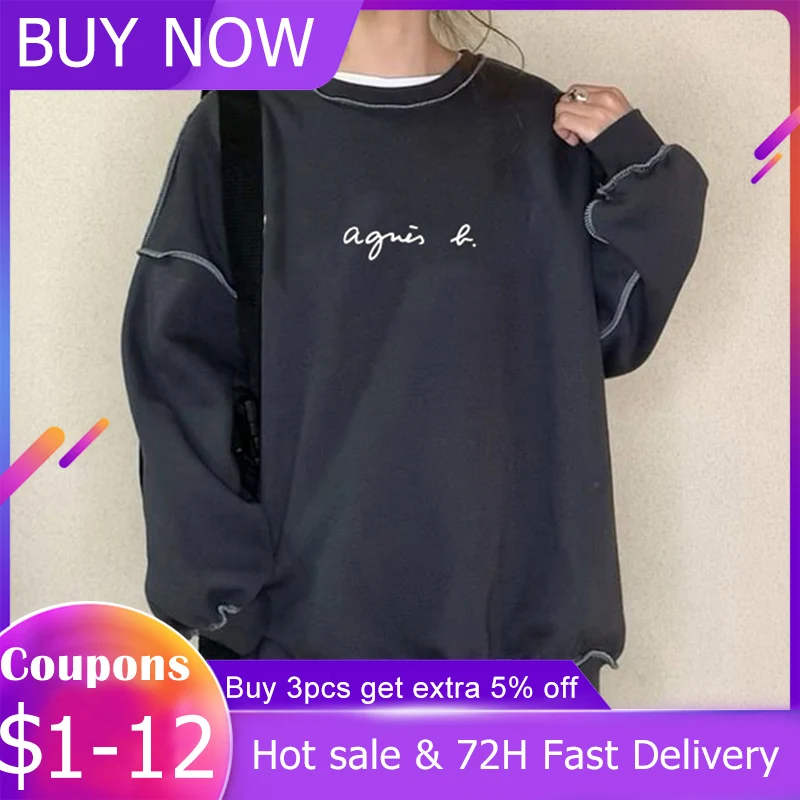

Hoodie Women Autumn 2021 Round Neck Letter Print Ladies Pullover Patchwork Loose Casual Female Clothing Sweatshirt Felpa Donna