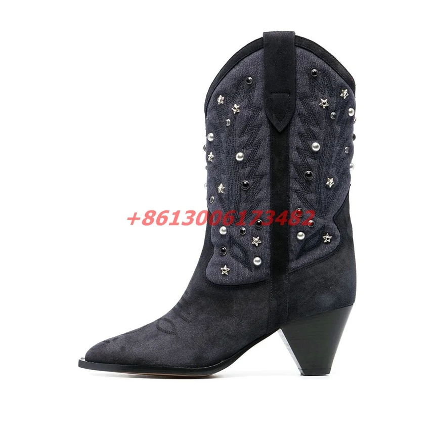 Женские ковбойские ботильоны ботинки в стиле ретро с вышивкой заклепками острым