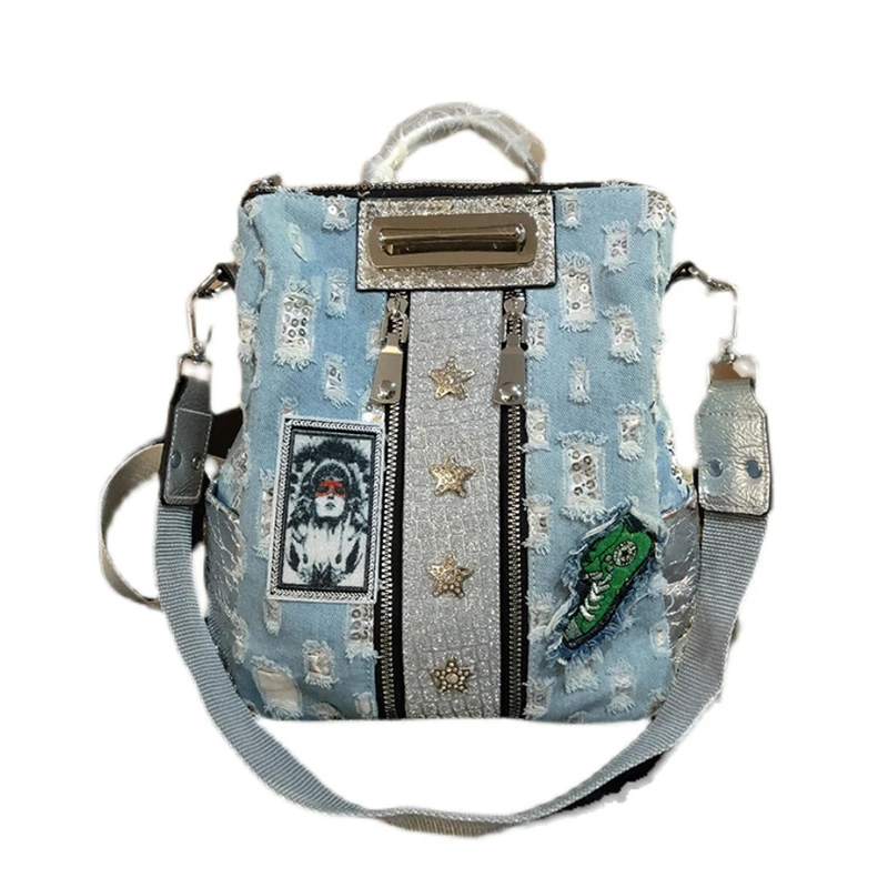 

Повседневный джинсовый женский рюкзак, Вместительная дорожная мягкая ранец для женщин, повседневные сумки на плечо с блестками