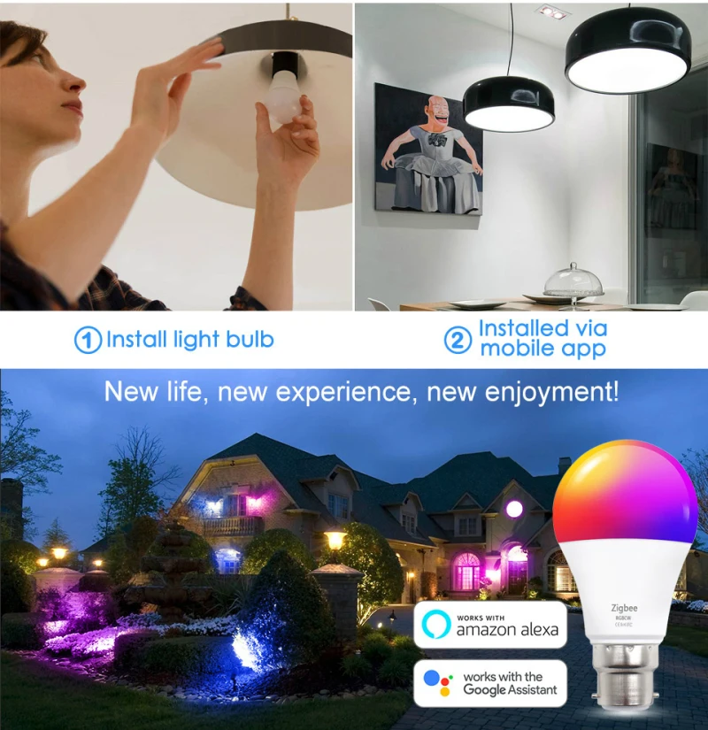 

WiFi Smart Bulb 9/10W B22 LED Light RGB Dimmable Lamps Timer Voice Control Indoor Smart Bulb Works with Alexa Google Home