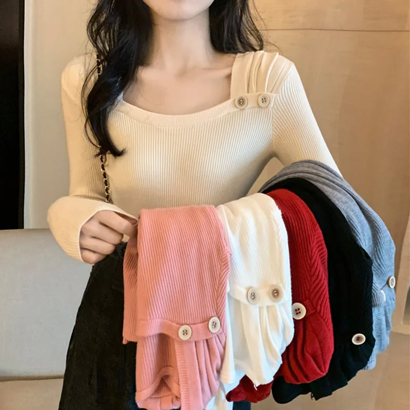 

Ropa Mujer Square Collar Knitwear Sweater Women Long Sleeve Button Korean Fashion 2021 Spring Woman Sweaters White Pullovers