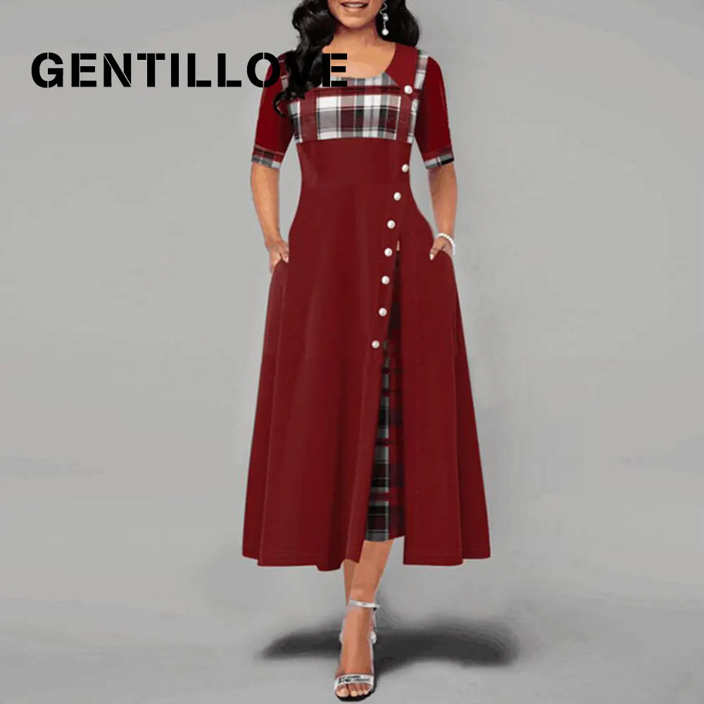 Повседневное асимметричное клетчатое платье макси на пуговицах с принтом