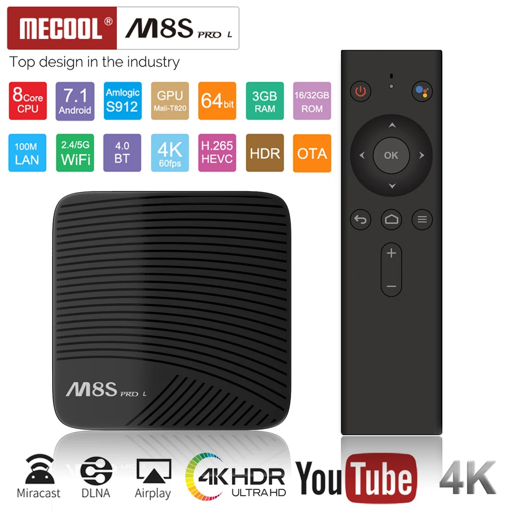 Mecool M8S PRO L Smart tv Box Android 7,1 S912 3 ГБ ОЗУ 16 Гб ПЗУ 4K 3D 1080P телеприставка IP tv Box