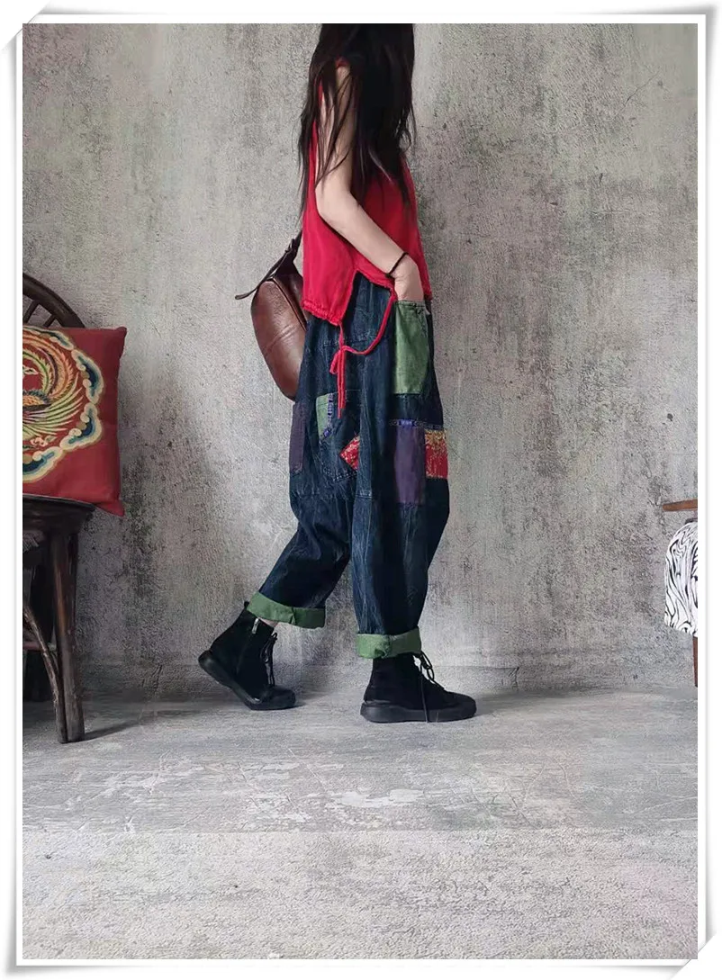 

LYUZHE Vintage Summer Patchwork Women Set 2021 Solid Short Sleeveless Top + Plus Size Denim Cross-pants Women Pant Sets QDY038