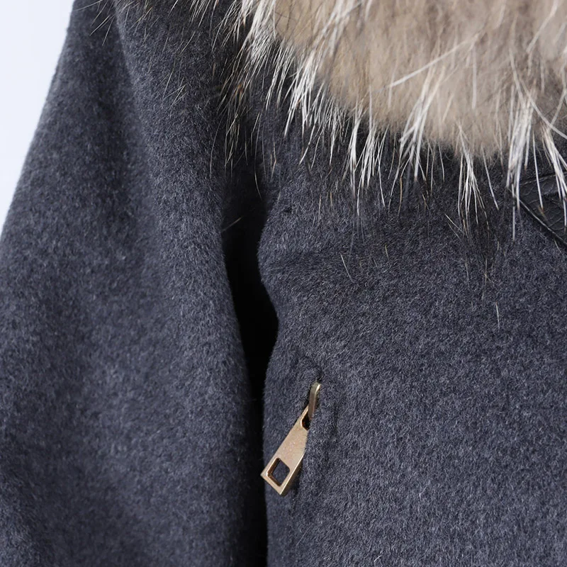 

LIBIELIY Real natural raccoon fur collar wool blends Female coat winter Women jacket Overcoat Nice Woolen coat