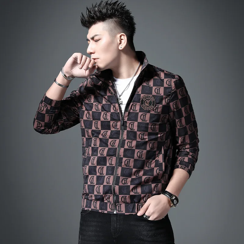 

European Station Jacket Spring Men's Stand Collar Printed Slim Design Zipper Student Youth Outerwear Shirt Male Teenager