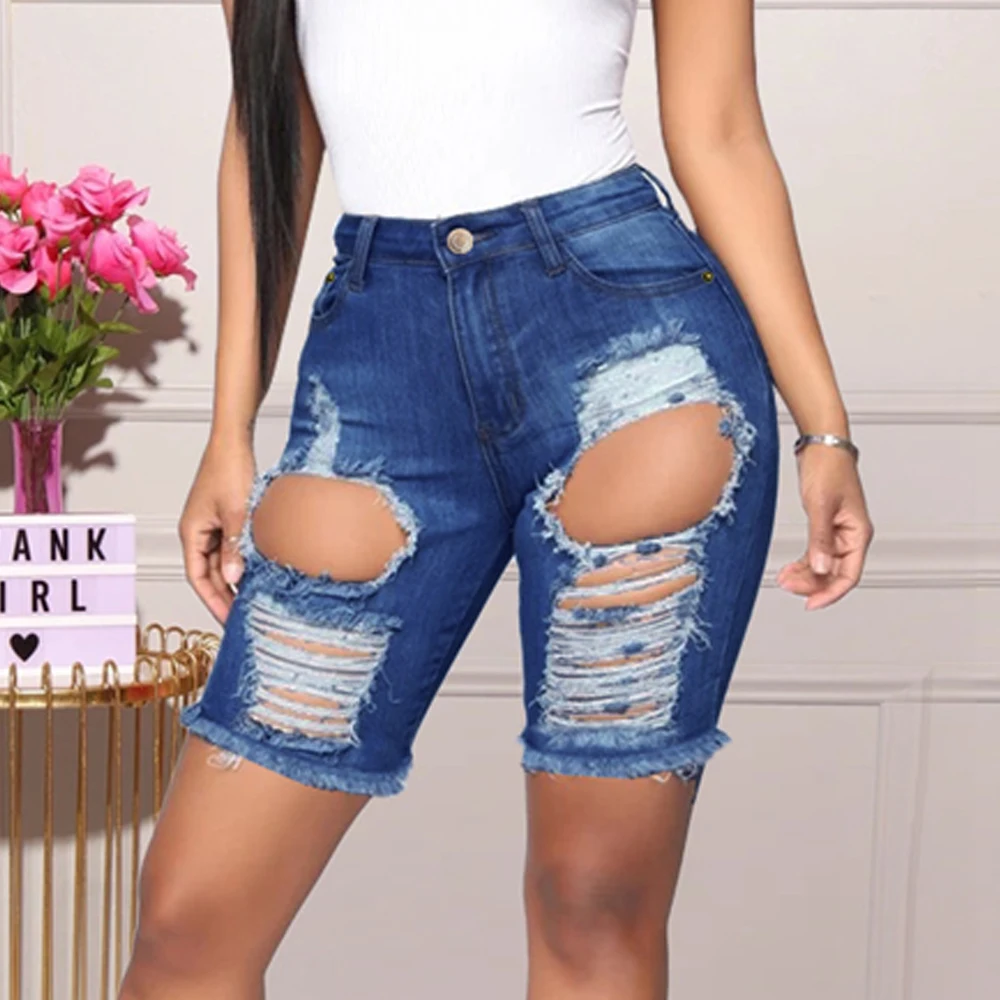 

Sexy Hole Blue High Waist Straight Denim Shorts Women 2021 New Ripped Streetwear Slim Jeans Shorts Lady Cotton Knee Length Jeans