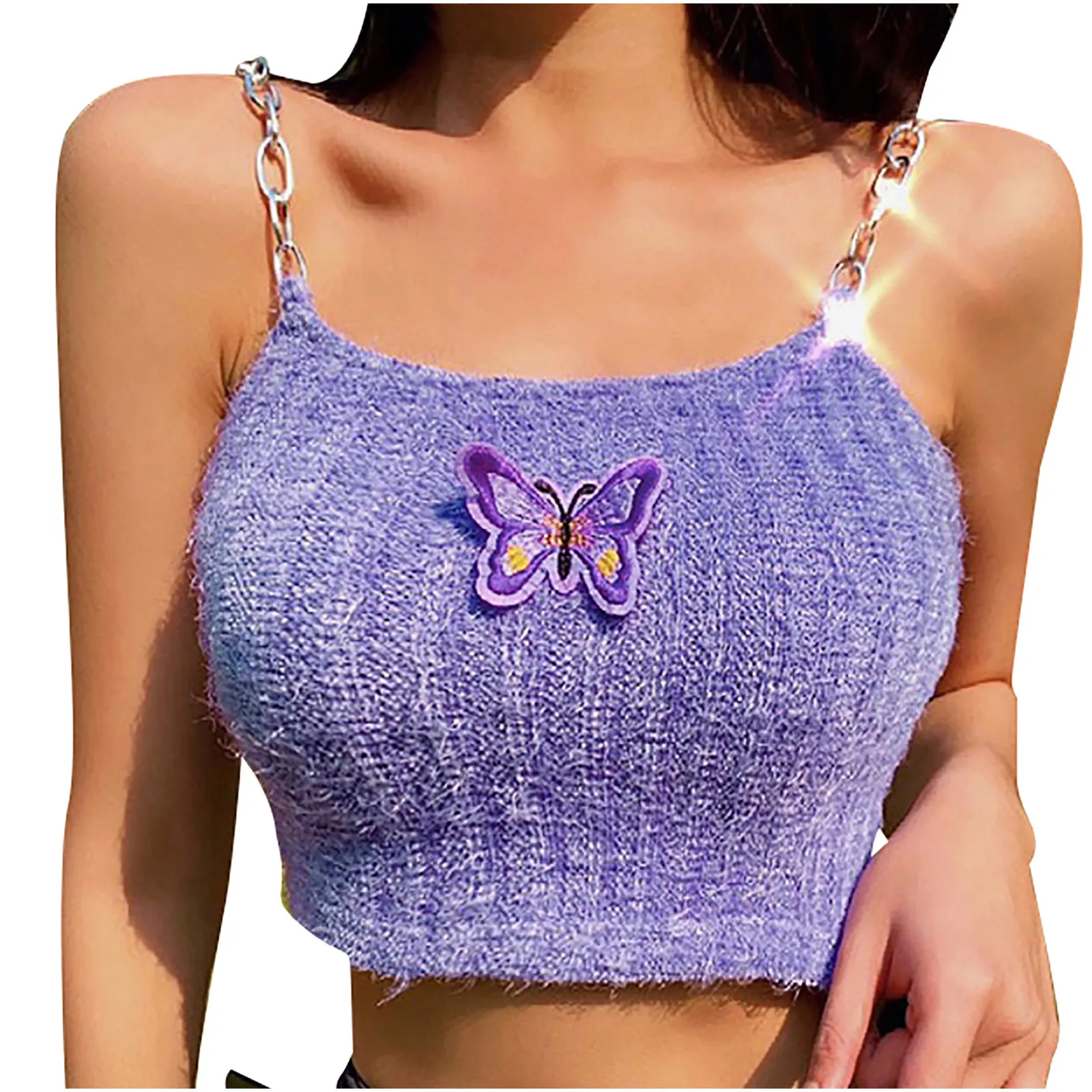 

Chic Knitted Navel Strap Women Butterfly Appliques Sleeveless Pullover Vest Tank Crop Tops Shirts Omighty Top