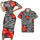 WHEREISART полинезийская красный принт гибискуса женские платья сексуальное облегающее Клубное вечерние платье Летняя мужская Повседневная рубашка для отдыха, для детей комплект для пары