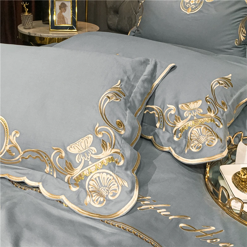 

European Light Luxury Embroidery 100S Egyptian Cotton Hyaluronic Acid Bedding Set Queen King Duvet Cover Bed Sheet Pillowcase