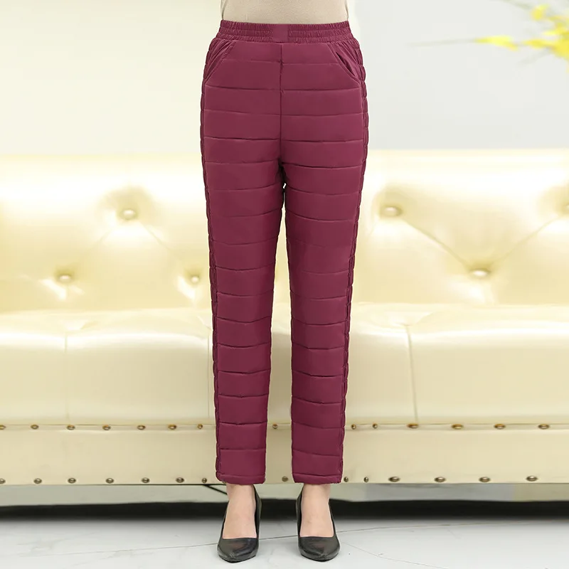 Wine Red Новые женские штаны, брюки, зимняя верхняя одежда с высокой талией, женские повседневные Прямые теплые плотные брюки на утином пуху, холодные стойкие брюки - Color: Wine Red