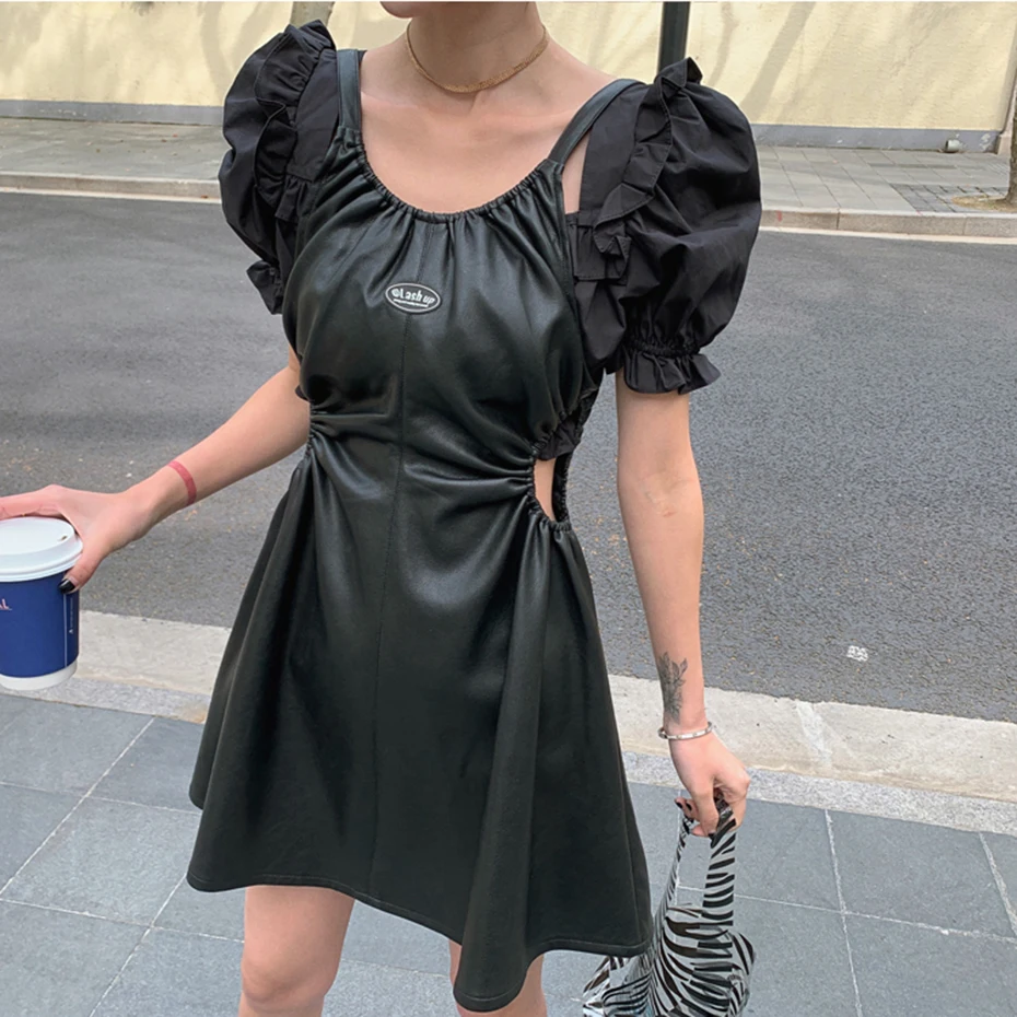 

Summer Korean Gothic Dress Women Leather Dress PU Sexy Backless Camisole Hollow Out Summer Short Tanks Vestidos Mujer Plus Size