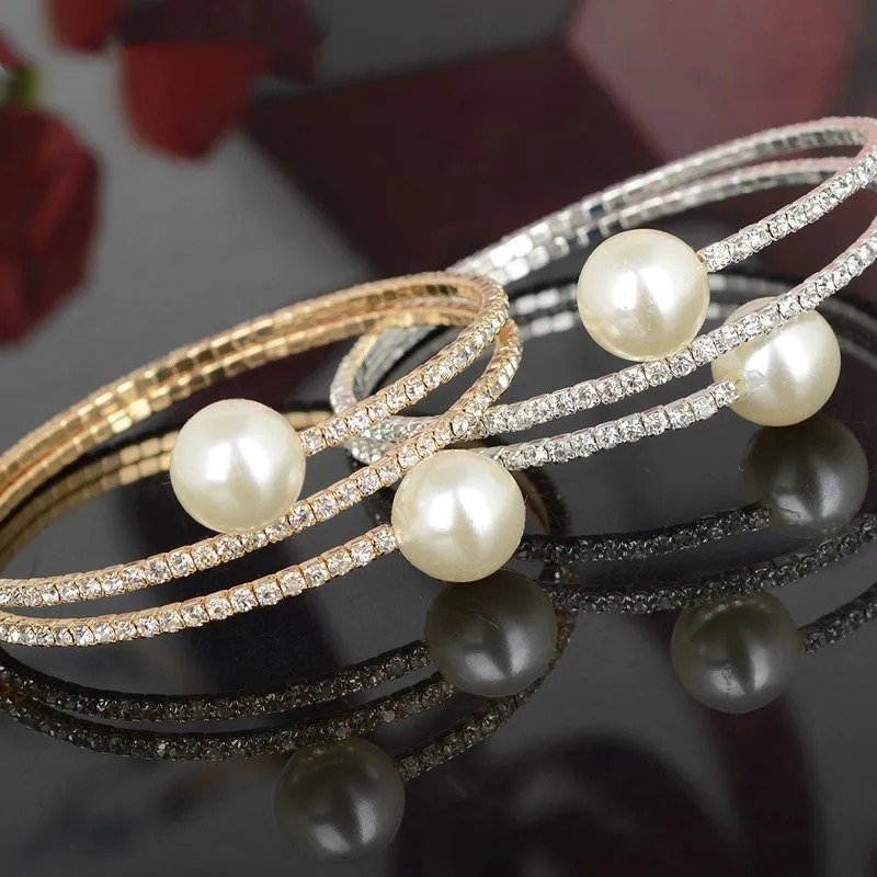 Браслет-манжета на руку с двойным искусственным жемчугом 3 ряда | Украшения и