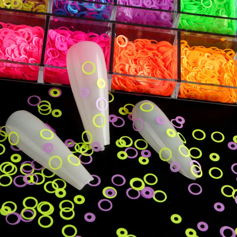 

12 Grid Long Strip Box Fluorescent Color Hollow Circle Nail Sequins 4MM Nail Jewelry Patch 3d Charms Nail Decoration Nail Art