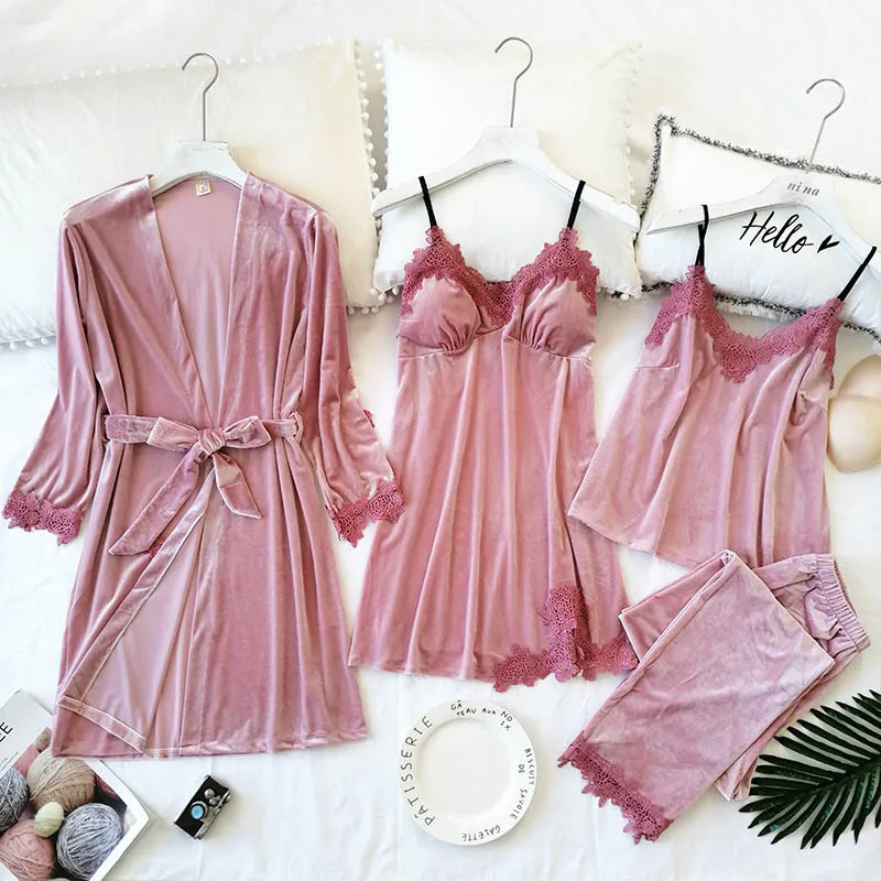 pink Женская пижама, сексуальная шнуровка, халат, пижама, золотой бархат, 4 шт., пижамный комплект с длинными рукавами, зимняя теплая Пижама, женский домашний костюм - Цвет: pink