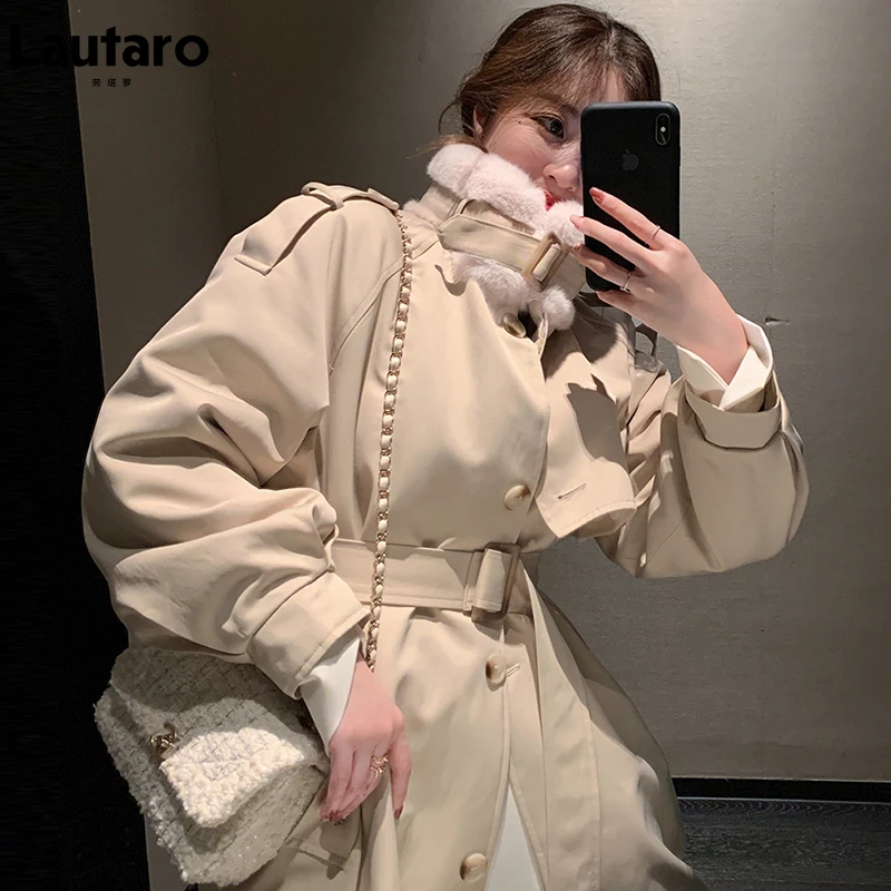 

Lautaro Winter Long Warm Thick Trench Coat for Women with Faux Fur Inside Long Sleeve Belt Single Breasted Parkas Women Fashion