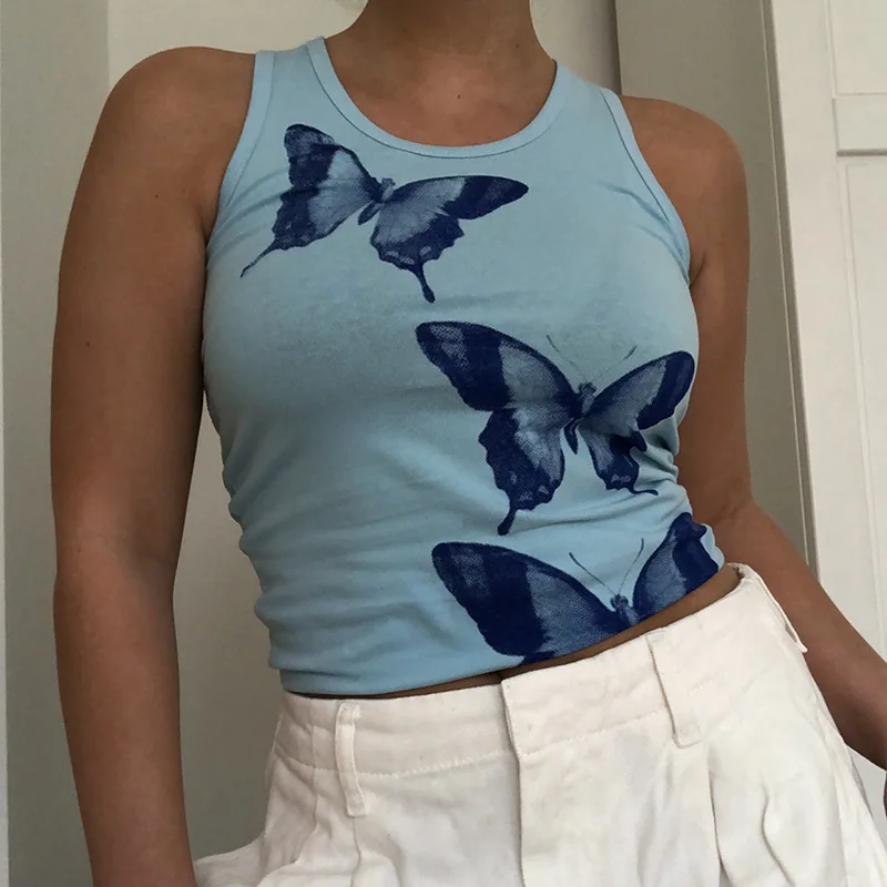 

Summer Y2K Print Crop Top Women Sleeveless 2021 Casual Blue Streetwear Sexy Fashion Y2K White Tank Tops Graphic