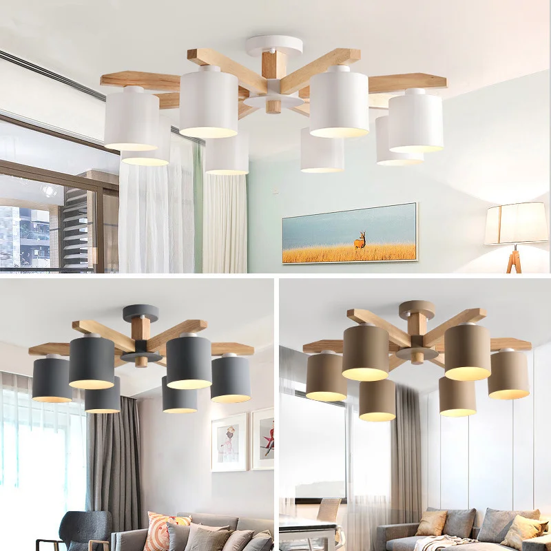 Светодиодный ная люстра E27 для гостиной Деревянный светильник с абажуром