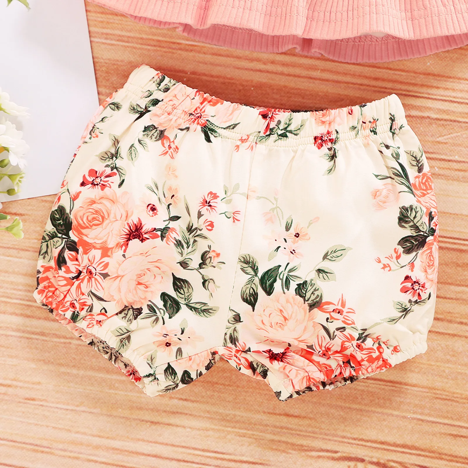 

Toddler Baby Girls Clothes Set Knitted Ruffles Solid Suspender Vest Floral Elastic Belt Shorts Outfits Buttons Decor Clothing