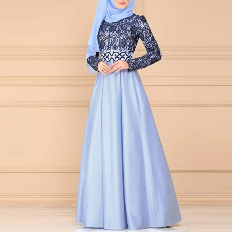 Sky blue MISSJOY мусульманское женское Платье абайя кружевное винтажное арабское кимоно Jubah Дубай элегантная Исламская одежда Femme Robe S-5XL Платье - Цвет: Sky blue