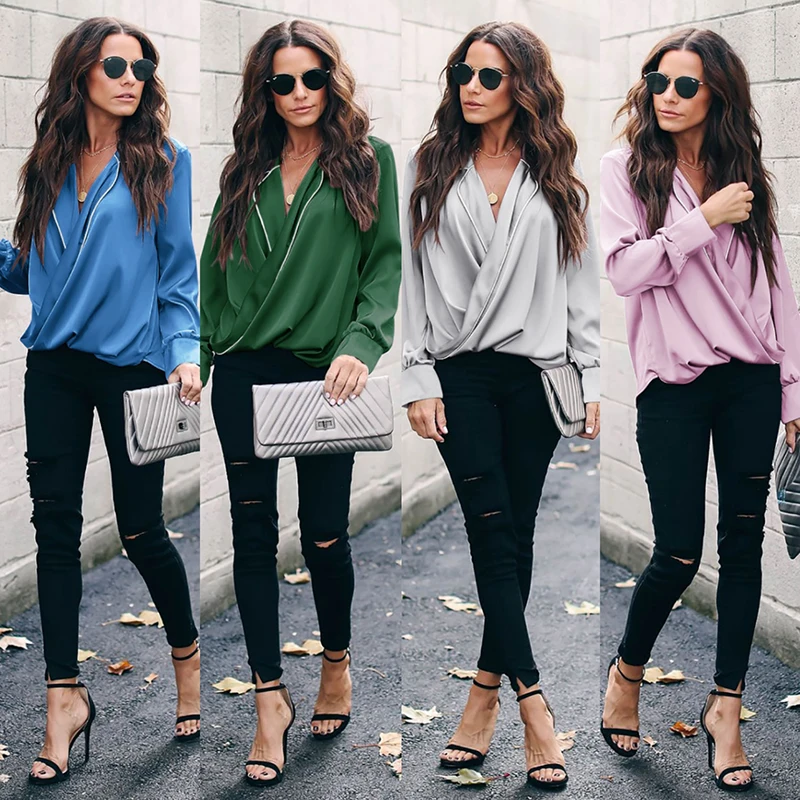 

Europe Women V-Neck Long Sleeve Shirts Lady Solid Spliced Short Tops Fashion Streetwear Casual OL Loose Clothes Spring Summer