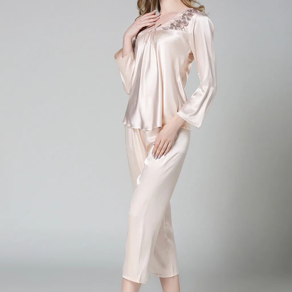 Пижамный комплект с длинными рукавами и брюками Женская атласная пижама Siik