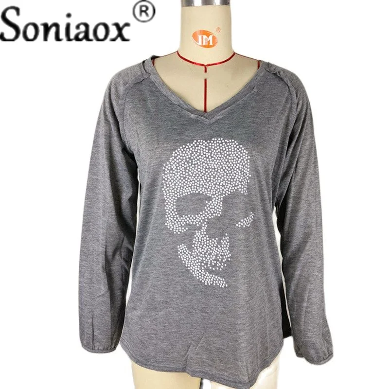 Женская футболка с принтом черепа Повседневная Свободная V-образным вырезом и