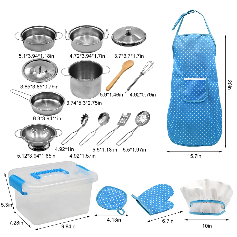 

18pcs Boys Girls Fun Hand Eye Coordination Stainless Steel Kids Kitchen Playset Pot Pretend Play Toy Chef Hat Cooking Utensils