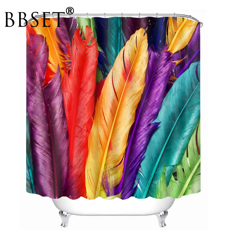 

Top Quality Shower Curtain Colorful Big Feathers Pattern Waterproof Multi-size Douchegordijn Bathroom Decor with 12 Hooks