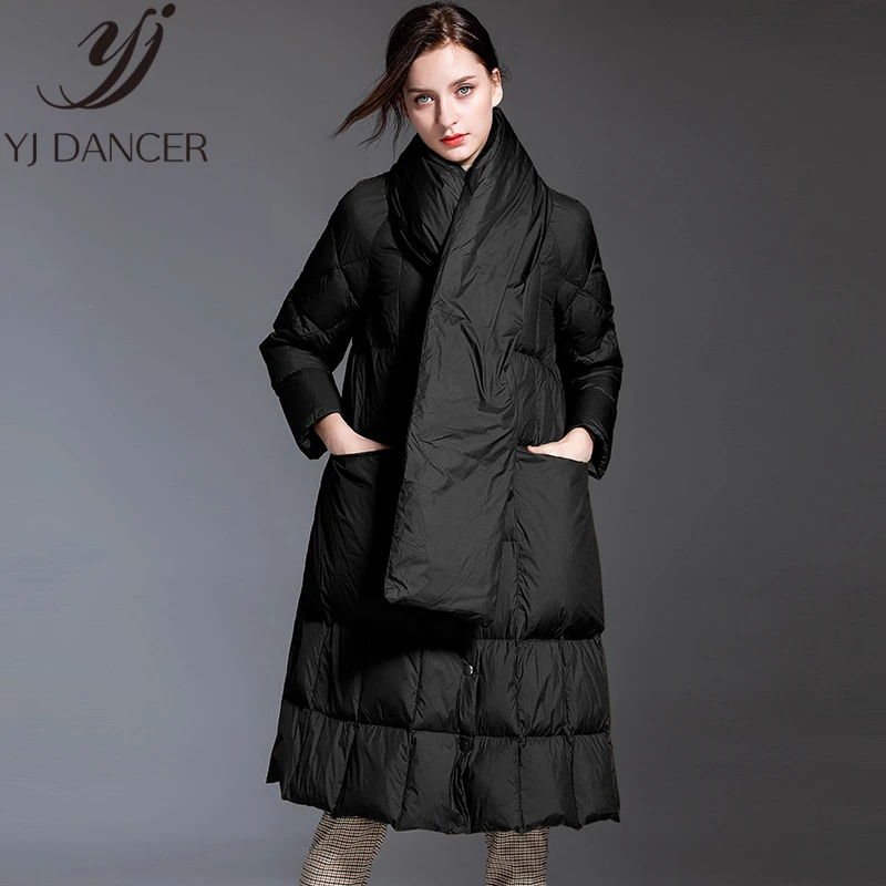 Женский пуховик толстый Повседневный длинный на белом утином пуху с шарфом