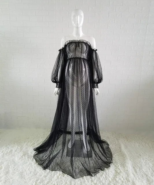White Dot Tulle Maternity Photography Props Dress See Through Maternity Photo Shoot Tulle Long Dress Lantern Sleeve 3