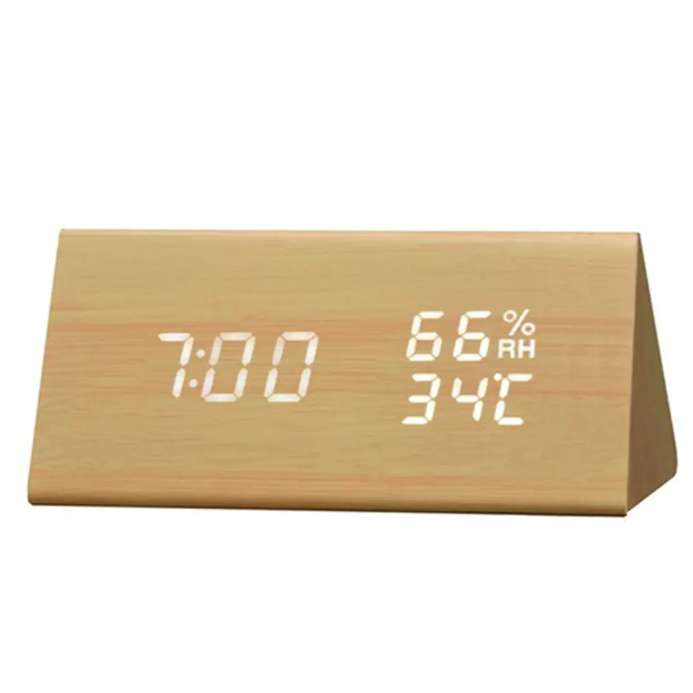 

Humidity And Temperature Alarm Clock Triangle Digital Baby Room Wood Clock Mute Luminous Led Electronic Gift