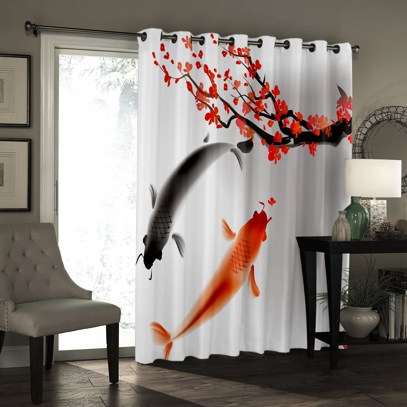 Чернильная картина занавеска для окна с рисунком вариколовых кои рыбок цветущей