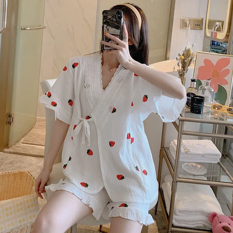 Spring and Summer Ladies Pajamas 2021 New Japanese Short-sleeved Cotton Gauze Thin Section Kimono Home Wear Set