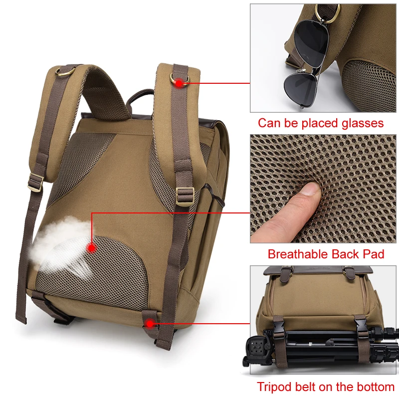 Caden Professional Camera Retro Canvas Waterproof DSLR Backpack fit 16in Laptop w Rain Cover for Canon Nikon Travel Outdoor SLR |