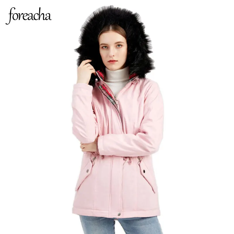 

foreacha Fur Collar Jackets For Women 2021 All Match Pink Zipper Coat Hooded Plus Velvet Thickening Women Winter Parka Coat